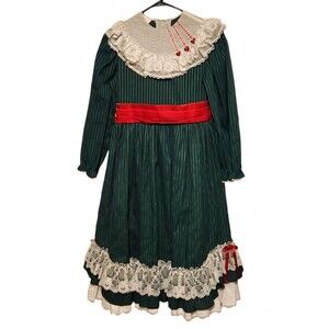 Mini World Dress Green Stripe Red Sash Petticoat Lace Girls Size 12? Made in USA